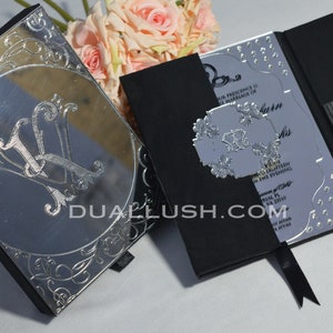 Black Velvet Wedding Invitation Box: Custom Silver Mirror Acrylic Mirror Invite