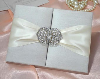 Embellished Wedding Invitation Ivory Silk Folio: Gate Fold Wedding Invitations