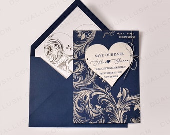 Navy Heart Shaped Acrylic Save the Date Invitation, Wedding Announcement, Save The Date Wedding Invites, Unique Invitations