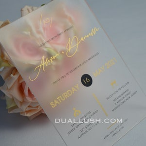 Minimalistische Hochzeit mattierte Acryleinladung für Hochzeit und Brautparty mit Golddruck, Acryleinladungen, klare Einladungen