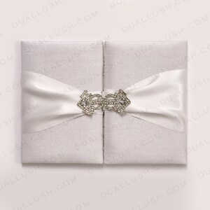 White Silk Folio Wedding Invitations: Pocket Invites with Rhinestones Brooch