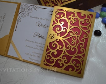 Gold Mirror Acrylic Trifold Folio Wedding Invitation with Custom Monogram & Foil Print Cards