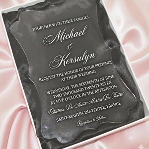Clear Acrylic Wedding Invitation with a Black Satin Lining Hardboard Mailing Box  & Personalized Monogram