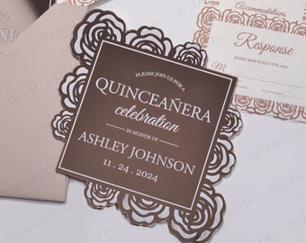 Invitaciones de Quinceañera en Acrílico Oro Rosa: Invitación de Cumpleaños de 15 Año en Acrílico Cortado con Láser