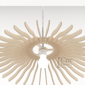 May include: A wooden pendant light fixture with a unique, sunburst design. The light fixture is made of thin, wooden slats that radiate outwards from a central point. The light fixture is suspended from a single, thin cord. The light fixture is illuminated by a single light bulb.