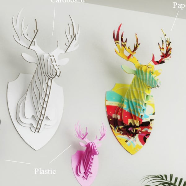 DEER HEAD 3D PUZZLE - Fichier de découpe de modèle - fausse taxidermie - laser, art mural, fausse tête de cerf, tête d’animal, bois de cerf, puzzle en bois