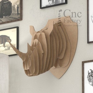 RHINO HEAD - Arte de pared colgante - Autoensamblaje de cabeza de cartón DIY - Proyecto de corte láser para taxidermia falsa - 6 medidas diferentes