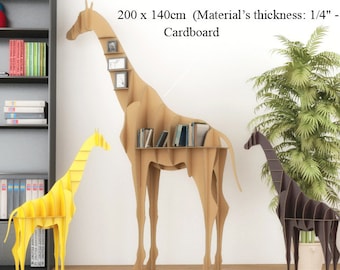 May include: Three giraffe-shaped bookshelves made of different materials. The largest bookshelf is made of cardboard and measures 200 x 140 cm. The middle bookshelf is made of plywood and measures 100 x 70 cm. The smallest bookshelf is made of plastic.