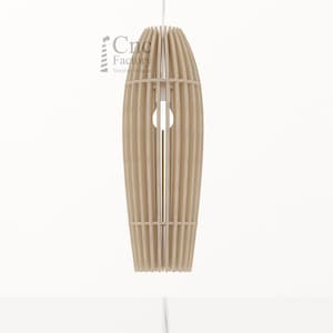 May include: A wooden pendant light fixture with a slatted design. The light fixture is oval shaped and has a white cord.