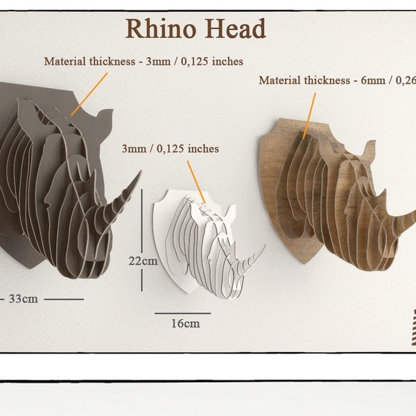 RHINO HEAD - Modèle de chasse au trophée fichier découpé faux taxidermie laser mur art rhinocéros tête d’animal tête, puzzle en bois Mur cnc plans 3d