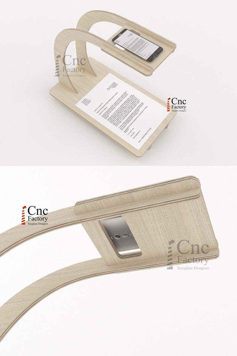 Puede incluir: Un soporte de tel&eacute;fono de madera con un dise&ntilde;o curvo. El soporte tiene una ranura para un tel&eacute;fono y una superficie plana para una tableta o un libro. El soporte est&aacute; hecho de madera marr&oacute;n claro y tiene un logotipo de CNC Factory en el lateral.