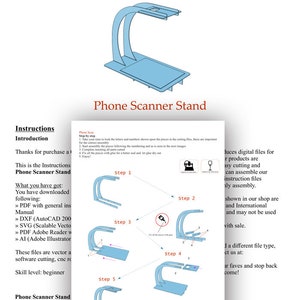 Puede incluir: Un diagrama de montaje de un soporte para esc&aacute;ner de tel&eacute;fono azul y blanco en cinco pasos. El diagrama muestra c&oacute;mo ensamblar el soporte con pegamento. El texto "Phone Scanner Stand" est&aacute; en la parte superior del diagrama. El texto "Paso 1" a "Paso 5" est&aacute; etiquetado en cada paso del diagrama. El texto "CncFactory" est&aacute; en la parte inferior del diagrama.