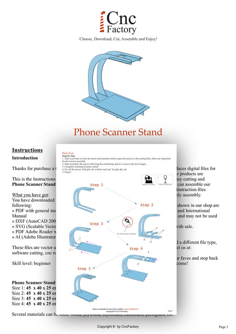 Puede incluir: Un diagrama de montaje de un soporte para esc&aacute;ner de tel&eacute;fono azul y blanco en cinco pasos. El diagrama muestra c&oacute;mo ensamblar el soporte con pegamento. El texto "Phone Scanner Stand" est&aacute; en la parte superior del diagrama. El texto "Paso 1" a "Paso 5" est&aacute; etiquetado en cada paso del diagrama. El texto "CncFactory" est&aacute; en la parte inferior del diagrama.