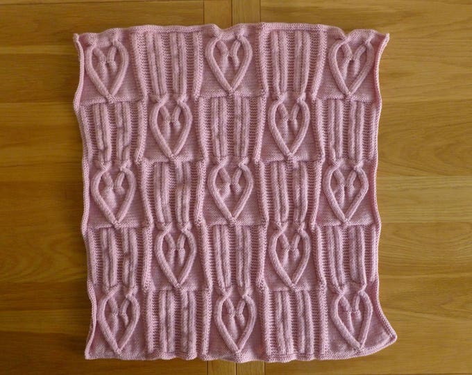 HANDKNITTED BABY BLANKET, luxury, pink, soft, extrafine merino wool, loveheart design, girl, pram, babyshower, gift, 70 x 63 cm,