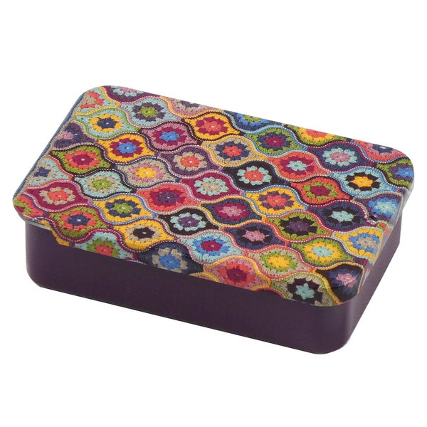 Storage tins, by Emma Ball, pocket tins, sliding lid, choice of crochet designs by Janie Crow