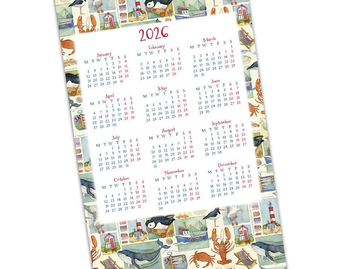 2026 Calendar TEA TOWEL by Emma Ball, beautifully illustrated, 100 per cent cotton, coastal, organiser