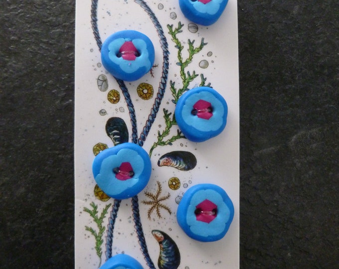 Handcrafted buttons, polymer clay, machine washable, novelty, blue white swirls, pink, elephants, for handknits, clothes or crafting