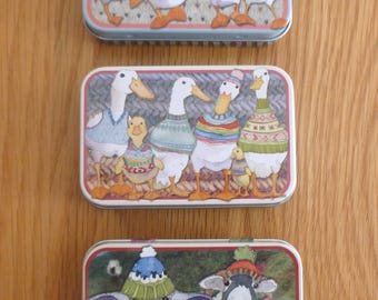 Storage Tin by Emma Ball, mini hinged tin, storage for knitters and crafters, for needles, buttons, stitch markers, cable pins..
