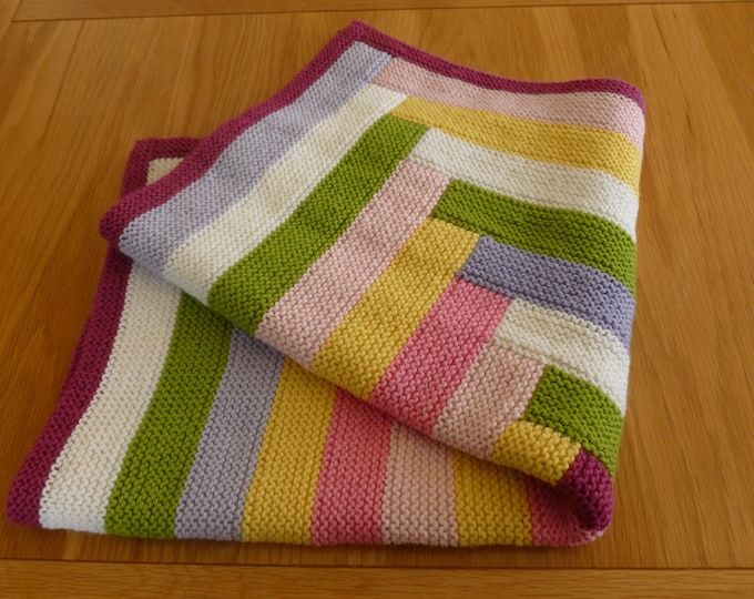 Handknitted Baby Blanket, random rainbow colours, aran yarn, wool, 75 cm x 66 cm, Scotland