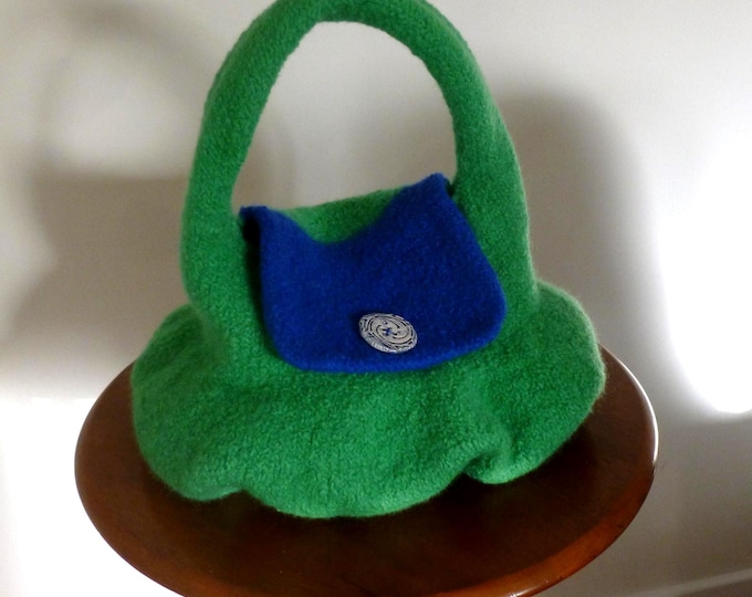 Felted Handmade Handbag, unique handknit, green, blue, handmade button, large, fun, designed & made in Scotland, bright