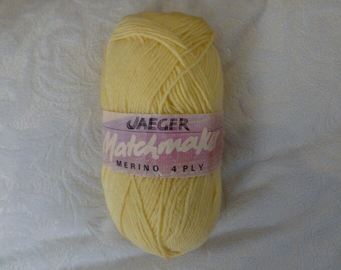 Jaeger 4ply Matchmaker, 50g, vintage, yellow, shade 665, merino, pure wool, babies, fine, handknitting, machine washable, made in UK
