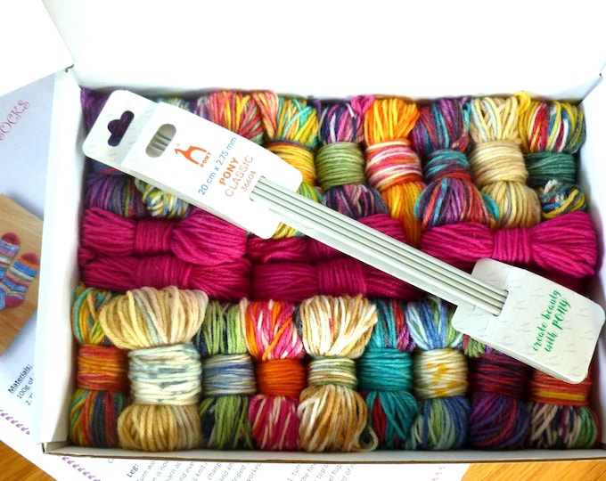 Knitting Kit for Scrappy Socks, 4 ply, pattern for UK size 5 -7, needles included, yarn, boxed, gift