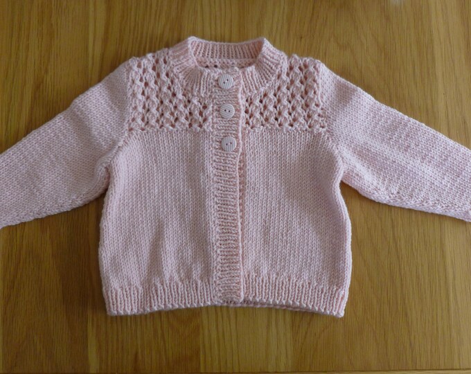 Pink Baby Cardigan for a girl, hand knitted in Rico Baby Merino DK, superwash, 20" chest, 6-12 months, made in Scotland, soft and warm, baby