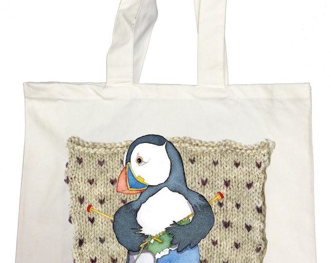 Knitters Project Bag, by Emma Ball, Woolly Puffins, storage, knitting, craft, canvas, cotton, shoulder