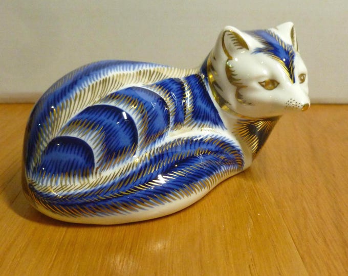 Royal Crown Derby Arctic Fox, vintage, retired, gold, blue, hand painted, made in England, 1986