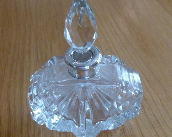 Beautiful Art Deco Glass Perfume Bottle, with silver top and stopper, hallmarked, 10 cm tall, 7 cm long, 5 cm wide, collectable, UK, rare