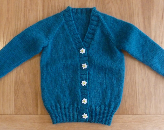 Hand knitted cardigan, children's, age 1 - 2 years, soft, long, green, blue, jade, vintage daisy buttons, made in Scotland, unique