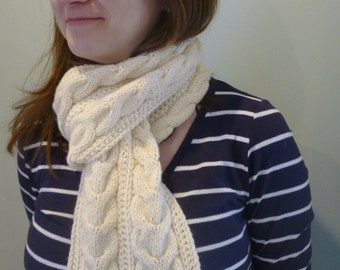 Snowy Scarf Aran knitting pattern, PDF, digital download, cables, easy to knit scarf pattern, Wee Window Design, from Scotland