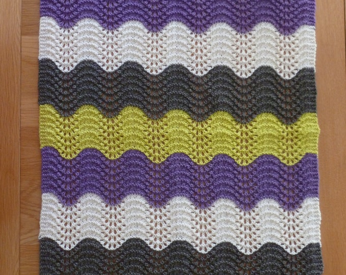 Baby Blanket, uniquesoft and colourful, lime, cream, grey, purple, made in Scotland, lace pattern, pram blanket, 76 cm x 48 cm, soft & warm