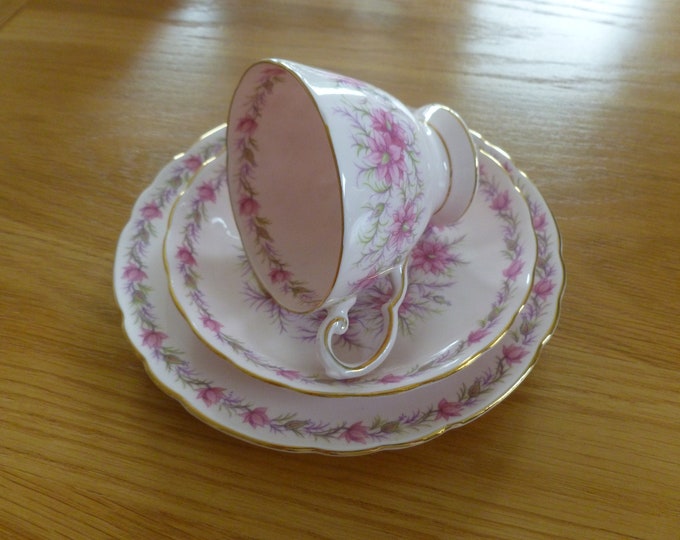 Love In The Mist, vintage china teaset, Tuscan, made in England, pink, gold, flowers, teacup, saucer, plate, sugar, cream, cake plate