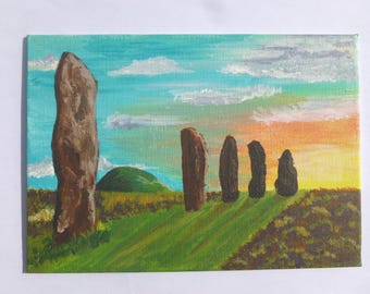 Original Landscape Painting, handpainted, Scotland, acrylic art , 5 x7 in