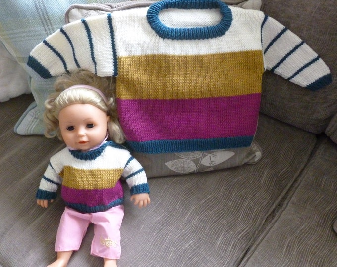 Suzie's Sweater DK knitting pattern, toddler, baby, 0-36 months, dolls sweater, PDF, Digital download, Wee Window design, stripey, colourful