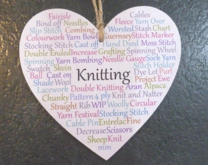 Heart Shaped Decorative Wooden Ornament, KNITTING, 10 cm, knitting terms & language, gift for knitters, wooden, made in the Orkney Isles