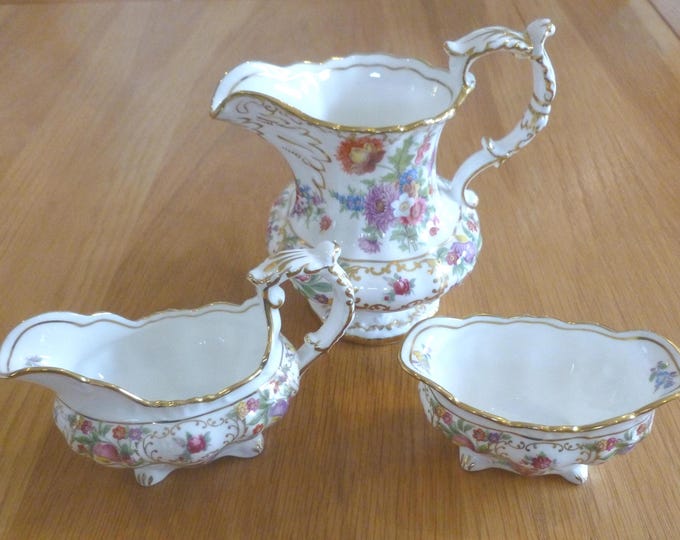 Vintage Hammersley Dresden Sprays Milk Jug, Creamer and Sugar Basin, Bone China, England