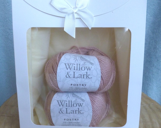 Knitting Kit for The Culross Cowl, lacy design, DK, 4 mm needles, kit for handknitting a soft warm cowl, pink, ice blue, cream, light pink