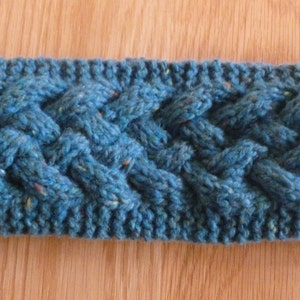 May include: A teal blue knitted headband with a cable knit pattern.