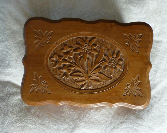 Vintage Swiss Musical Jewellery Box, wooden, handcarved, 1980's, working mechanism, lined, floral, My Fair Lady theme from Dr Shivago, rare