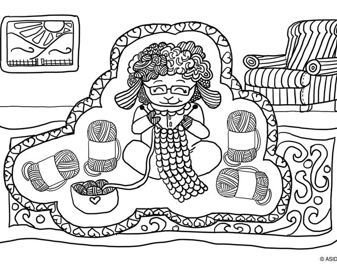 Knitting Sheep Colouring Sheet, art, PDF, digital download, printable, A4, cute, mindfulness, ASI Designs, Scotland, colouring, girl