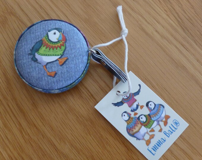 Tape Measure by Emma Ball, various designs, wipeable, 5.5 cm, 1.5 m retractable tape, Woolly Puffins, Sheep in Sweaters, Seathrift Puffins..