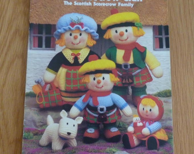 Jean Greenhowe's MacScarecrow Clan, knitting pattern booklet, toys, Scotland, DK, 1990's, vintage toy knitting patterns, scarecrows, dog
