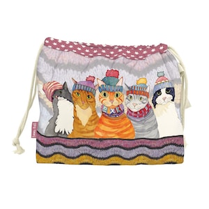 May include: A drawstring bag with a white background and a colourful pattern of five cats wearing winter hats. The cats are wearing red, blue, green, and yellow hats. The bag has a pink and white striped border.