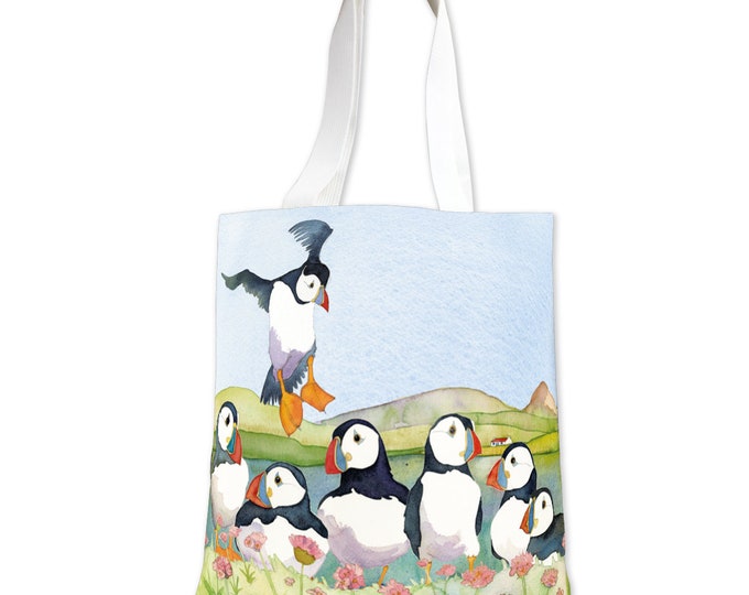 Tote Bag, by Emma Ball, Project bag, Seathrift Puffins, Felted Sheep, Spirit of Flora, bag for knitters, crafters, cheerful, large, storage
