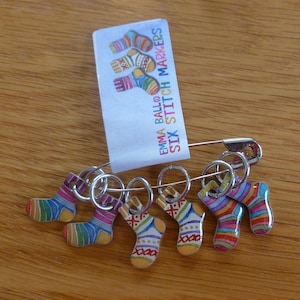 Stitch markers by Emma Ball, Woolly Puffins, Socks, Sheep in Sweaters, other designs, set of 6 cute enamelled stitch markers for knitters