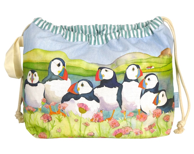 Drawstring Project Bags, by Emma Ball, lined cotton, various designs