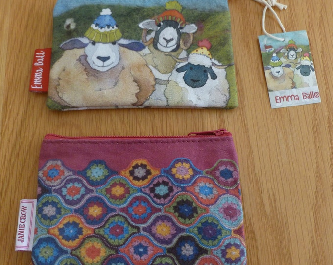 Zipped Purse by Emma Ball, various lovely designs, storage for knitters notions, cotton, lined, zipped, 13.5 x 9 cm, gift for crafters
