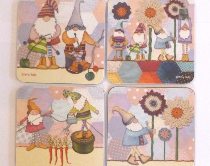 Coasters, beautifully illustrated by Emma Ball, Puffins, Woolies, Sheep in Sweaters, gnomes, felted sheep, gifts for knitters, UK